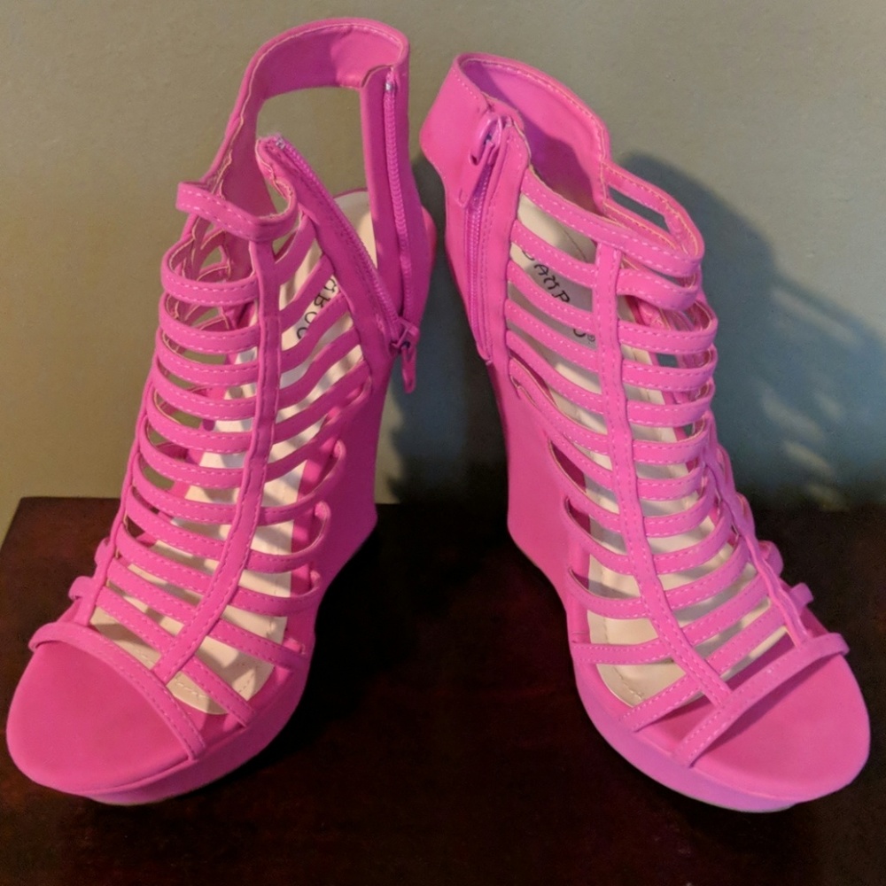 Hot pink high heel wedges